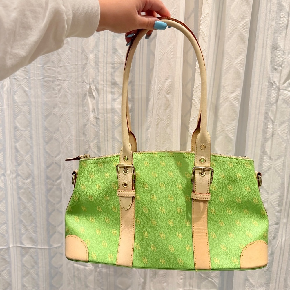 Y2K Dooney & Bourke Pastel Green & Yellow Leather Trim East West Shoulder Bag - Picture 2 of 11